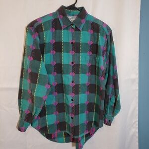 Vintage Teal and Pink Embroidered Heart Button Down Shirt Small